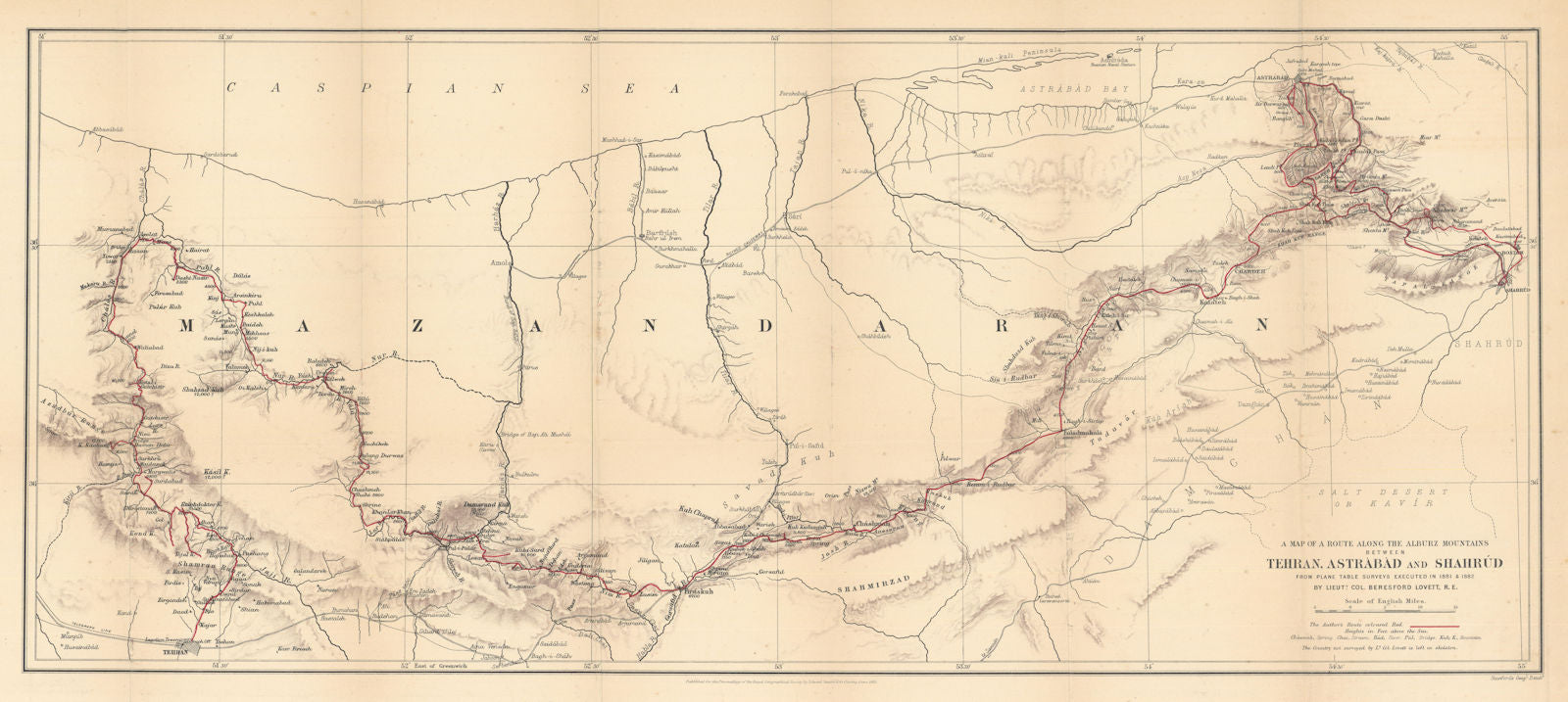 Alburz mountain route between Tehran, Astrabad & Shahrud. RGS/Lovett 1883 map